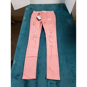 Soho Babe Jeans Sz 5 Womens Pink Mid Rise Skinny Distressed Stretch Ladies NWT